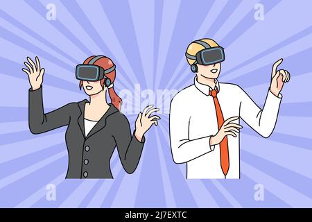 Diverse businesspeople in VR glasses explore new reality surroundings. Man and woman employees in virtual reality headsets use modern technologies at work. Flat vector illustration.  Stock Vector