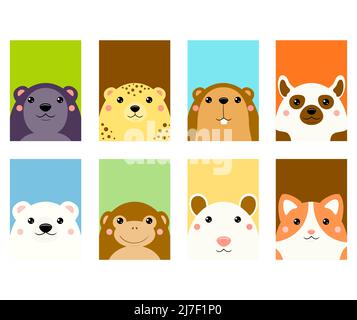 Set of kawaii member icon. Cards with cute cartoon animals. Baby collection of avatars with panther, leopard, beaver, lemur, cat, monkey, polar bear, Stock Vector
