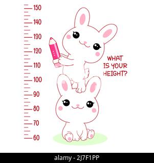 Height chart with kawaii white rabbits. Kids meter with cute little bunny. Inscription - What is your height? Meter wall or baby scale of growth. Vect Stock Vector