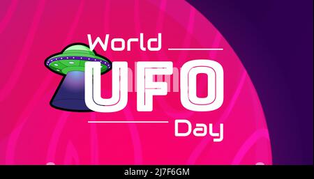 Illustrative image of world ufo day text with ufo on pink and violet background, copy space Stock Photo