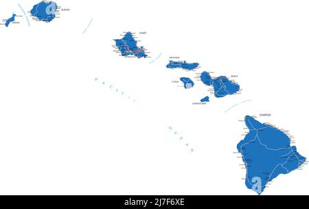 Highly detailed vector map of Hawaii with administrative regions,main cities and roads. Stock Vector