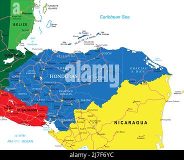 Highly detailed vector map of Honduras with administrative regions, main cities and roads. Stock Vector