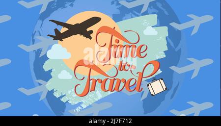 Illustration of time to travel text and flying airplanes, sun, earth, clouds over blue background Stock Photo