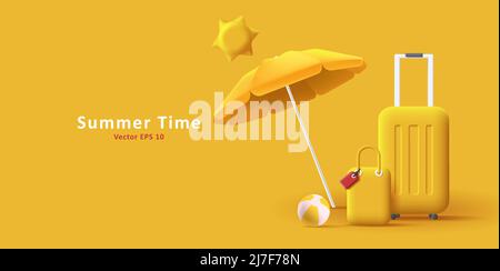Summer holiday 3d illustration with suitcase and bag, sun umbrella, yellow mono chrome. Vector illustration Stock Vector