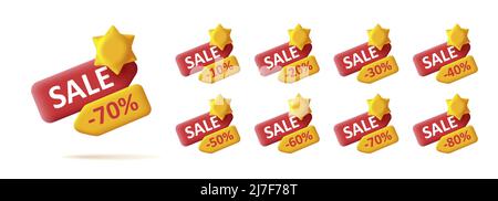 Summer sale 3d labels set with price tag and percent off numbers with sun stylized icon. Vector illustration Stock Vector
