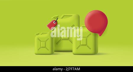 3d illustration of oil or benzine canisters with red price tag, mono chrome green render composition. Vector illustration Stock Vector