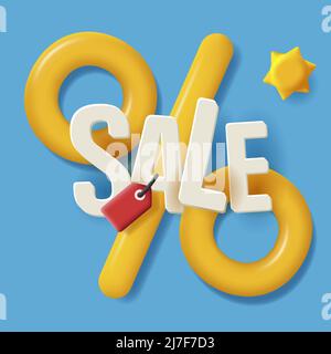 3d illustration for promo, big 3d percent sign with volume sale letters and price tag, summer season. Vector illustration Stock Vector
