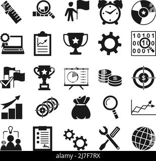 25 black and white business success icon elements. Search, review and productivity rise up concept. Vector illustration for poster, leaflet, web site Stock Vector