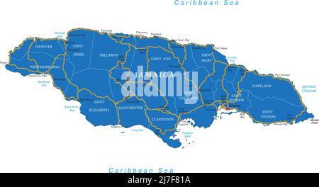 Highly detailed vector map of Jamaica with administrative regions,main cities and roads. Stock Vector