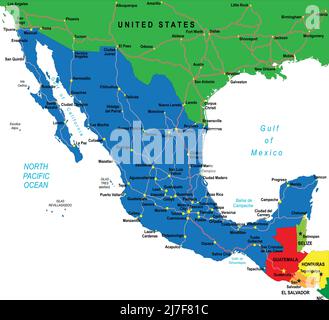 Mexico highly detailed map with main cities,regions and roads. Stock Vector