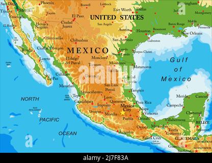 Highly detailed physical map of Mexico,in vector format,with all the relief forms,regions and big cities. Stock Vector