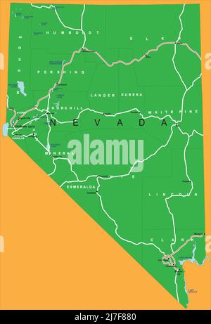 Highly detailed vector map of Nevada with county,main cities and roads. Stock Vector