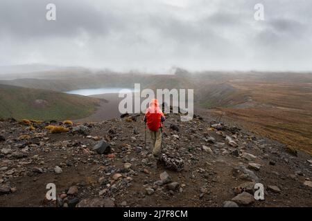 Hiking Tama Lakes track. Towards lower Tama lake, Tongariro National Park. Stock Photo