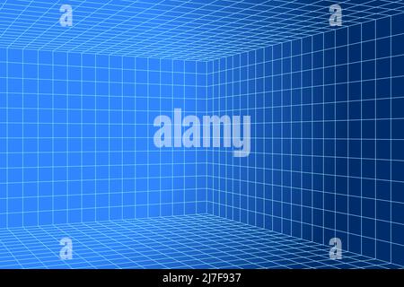 3D digital two points perspective grid room. White mesh on blue background. Empty indoor studio frame blueprint. Virtual three dimension scene. Easy g Stock Vector