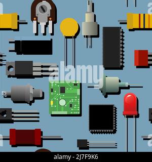 Set of radio components. Background picture. Element for radio circuit. Electronics detail. Seamless pattern. Vector. Stock Vector