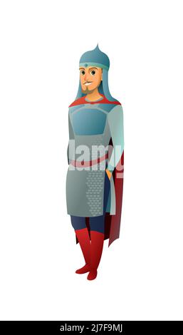 Medieval knight stand smiling. In iron mail and helmet. In red cape. Boy guy with beard. Fighting man. Isolated on white background. Cartoon flat styl Stock Vector