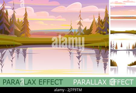 Rural landscape with parallax effect. Water pond or river bank with reflection of trees. Flat style. Evening silence. Horizontal village nature illust Stock Vector