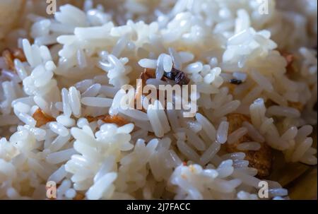 close-up shot of white rice with fried garlic Stock Photo