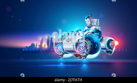 A sci-fi futuristic flying car hovered over road against backdrop of a futuristic city. A woman cyborg driver drives a fast single-seat vehicle Stock Vector