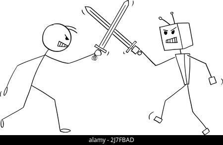 Human Person and Robot or AI Fighting with Swords, Vector Cartoon Stick Figure Illustration Stock Vector