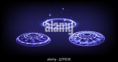 Sci-fi hi-tech stage collection in glowing HUD. Hologram portal cyborg light of science futuristic. Magic cyberpunk warp gate in game fantasy. Circle Stock Vector