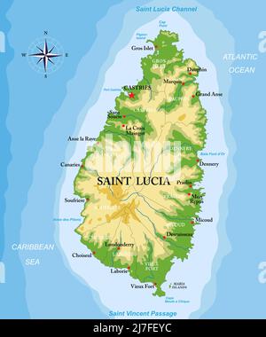 Highly detailed physical map of Saint Lucia island ,in vector format,with all the relief forms,regions and big cities. Stock Vector