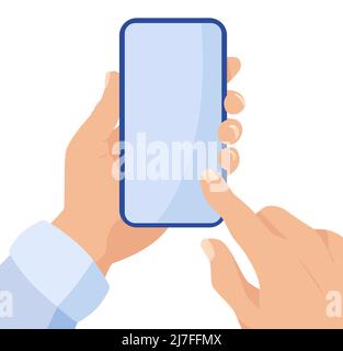 A man holds a smartphone in his hands and uses a empty screen. Stock Vector