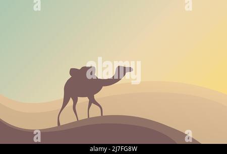 Silhouette of a camel in a hot desert. Animal of Africa on the way. Landscape with sand dunes and sunrise. Vector cartoon background illustration Stock Vector