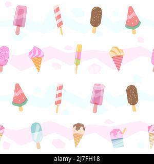Juicy summer, colorful cartoon ice cream seamless pattern. Fruit ice, Blended overprint technique illustration. Stock Vector