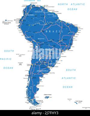 Highly detailed vector map of South America with countries, main cities and roads. Stock Vector