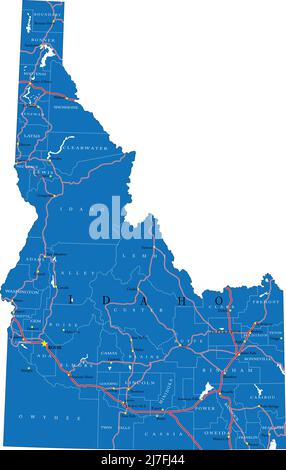 Detailed map of Idaho state,in  vector format,with county borders,roads and major  cities. Stock Vector