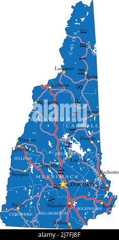 Detailed map of New Hampshire state,in vector format,with county borders,roads and major cities. Stock Vector