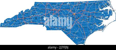 Detailed map of North Carolina state,in vector format,with county borders,roads and major cities. Stock Vector