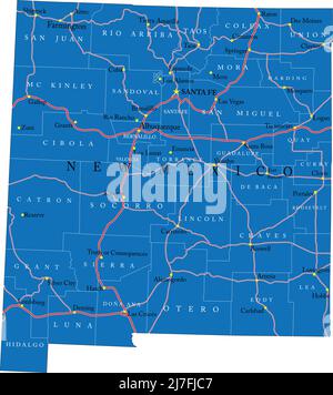 Detailed map of New Mexico  state,in vector format,with county borders,roads and major cities. Stock Vector