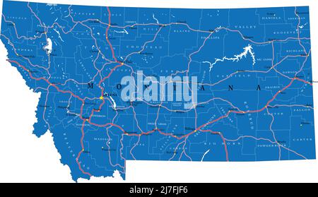 Detailed map of Montana state,in  vector format,with county borders,roads and major cities. Stock Vector