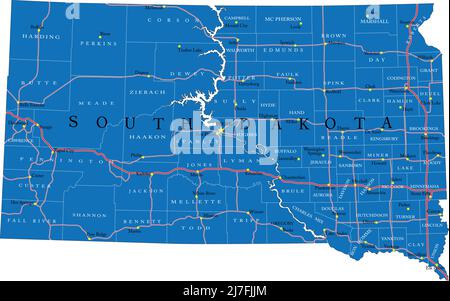 Detailed map of South Dakota state,in vector format,with county borders,roads and major cities. Stock Vector