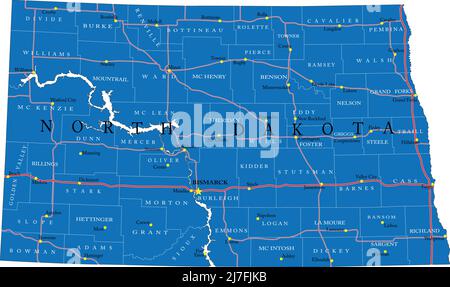 Detailed map of North Dakota state,in vector format,with county borders,roads and major cities. Stock Vector
