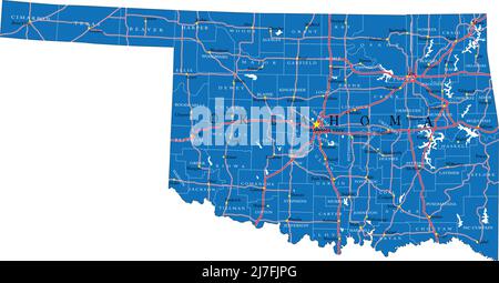 Detailed map of Oklahoma state,in vector format,with county borders,roads and major cities. Stock Vector