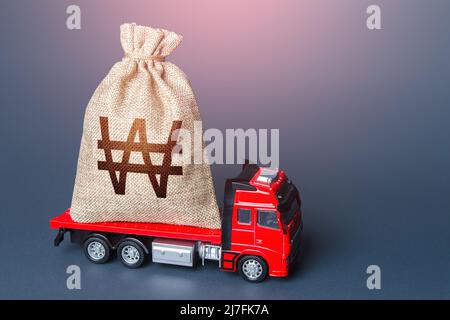 Truck with a south korean won money bag. Compensation. High super income. Payment of taxes. Debt load. Money transfers and transactions. Loan or depos Stock Photo