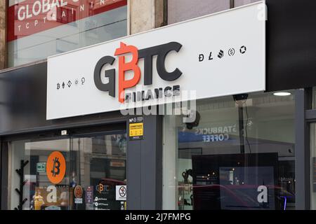 VALENCIA, SPAIN - MAY 05, 2022: GBTC Finance is a company dedicated to the sale and purchase of cryptocurrencies in physical stores Stock Photo