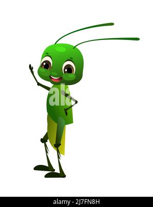 Green grasshopper stand. Wildlife object. Little funny insect. Cute cartoon style. Isolated on white background. Vector. Stock Vector