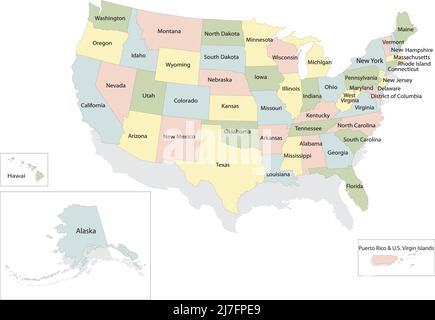 United states of America political map with drop shadow on white background Stock Vector
