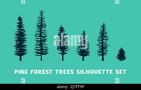 Pine and fir trees vector silhouette set. Flat design trees on green background Stock Vector