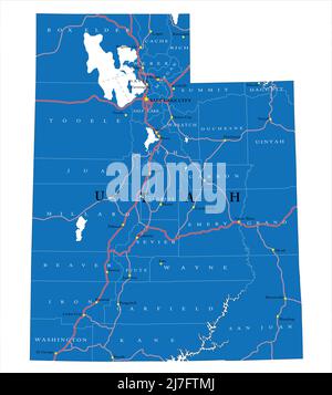 Detailed map of Utah state,in vector format,with county borders,roads and major cities. Stock Vector