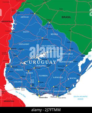 Uruguay detailed vector map  with country borders, county names, main roads and a highly detailed state silhouette. Stock Vector