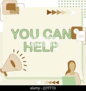 Text showing inspiration You Can Help. Word for You Can Help Woman Drawing Sitting Working Next To Megaphone Making New Announcement Stock Photo