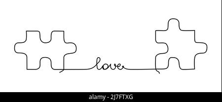 Two jigsaw puzzle pieces connected with one line and a heart. Continuous line drawing for relationship concept or dating Stock Vector