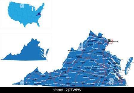 Detailed state-county map of Virginia. Stock Vector