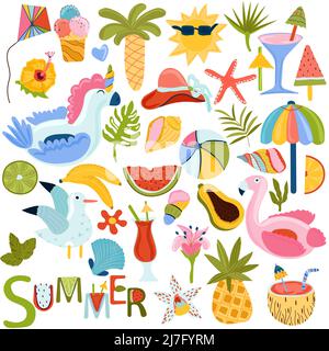 Set of Summer elements tropical leaves, palm, exotic cocktails, ice cream, inflatable flamingo, unicorn, exotic fruits and other. Summer lettering. Vector illustration. Stock Vector