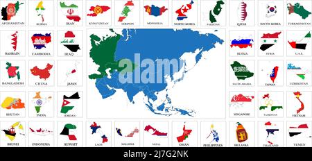 Highly detailed set of vector flag maps of all the Asia countries. Stock Vector